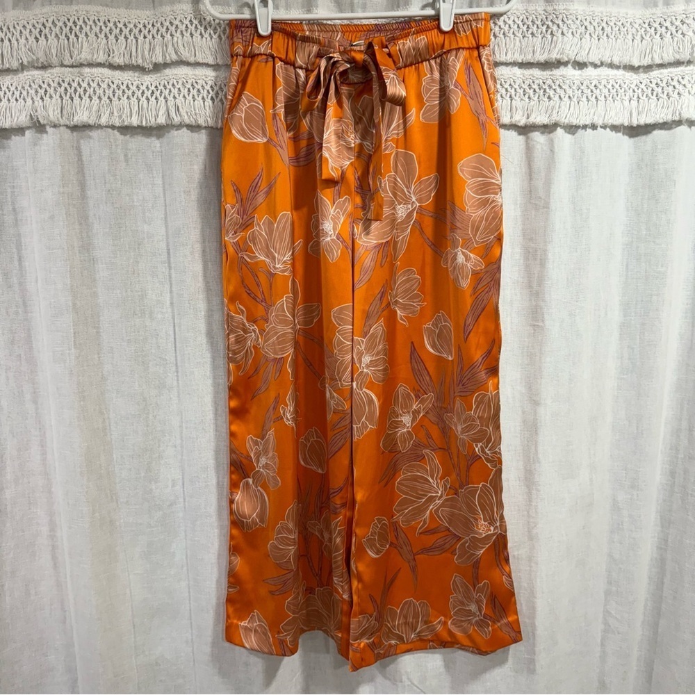 Joie Orange Floral Satin Palazzo Pants Belted Size 6 Wide Leg